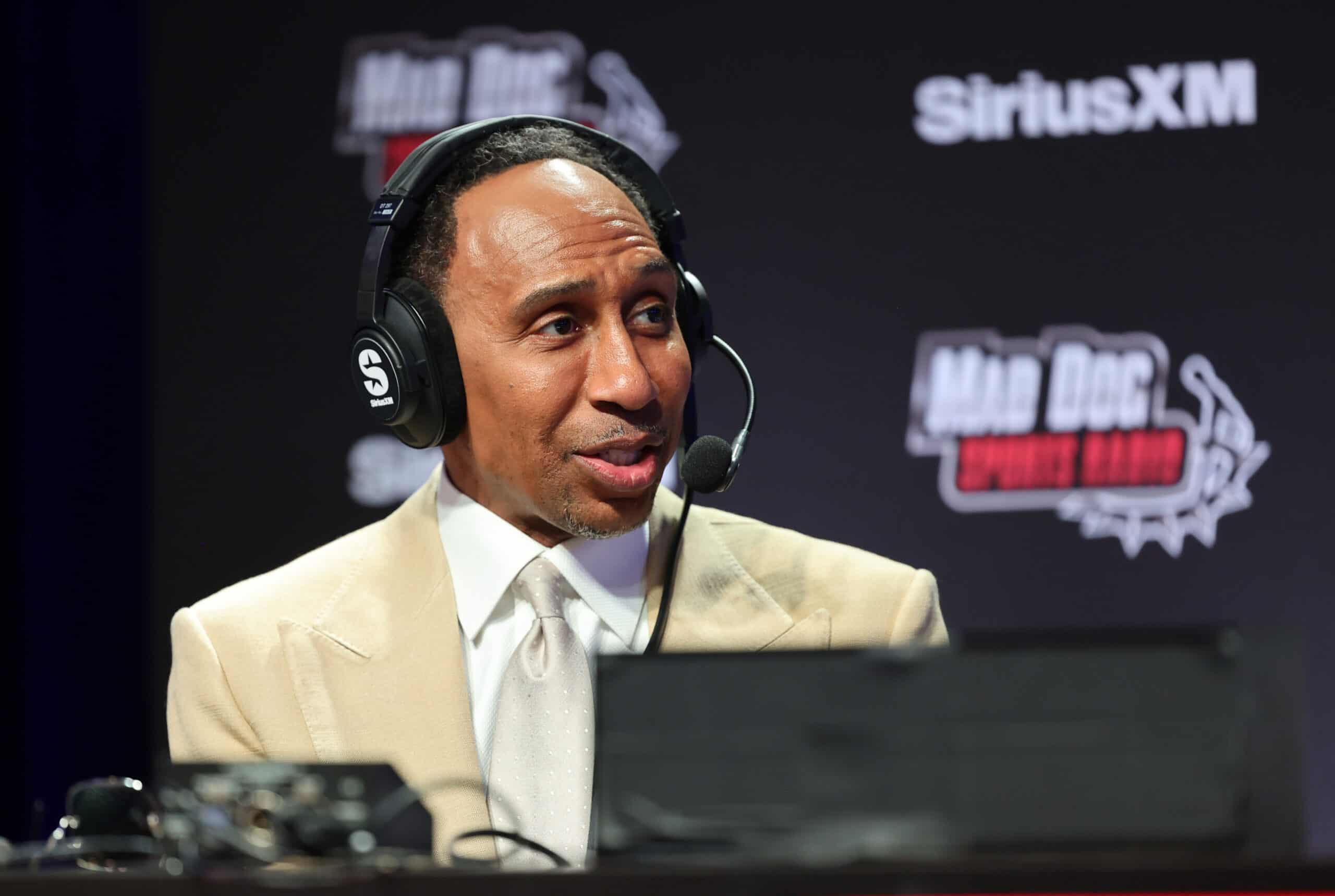 LAS VEGAS, NEVADA - FEBRUARY 07: Stephen A. Smith speaks on SiriusXM at Super Bowl LVIII on February 07, 2024 in Las Vegas, Nevada.