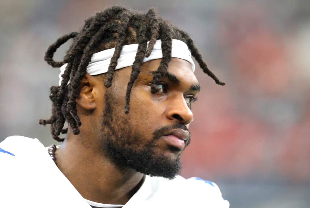 ARLINGTON, TEXAS - NOVEMBER 07: Trevon Diggs #7 of the Dallas Cowboys on the field before the game against the Denver Broncos at AT&T Stadium on November 07, 2021 in Arlington, Texas