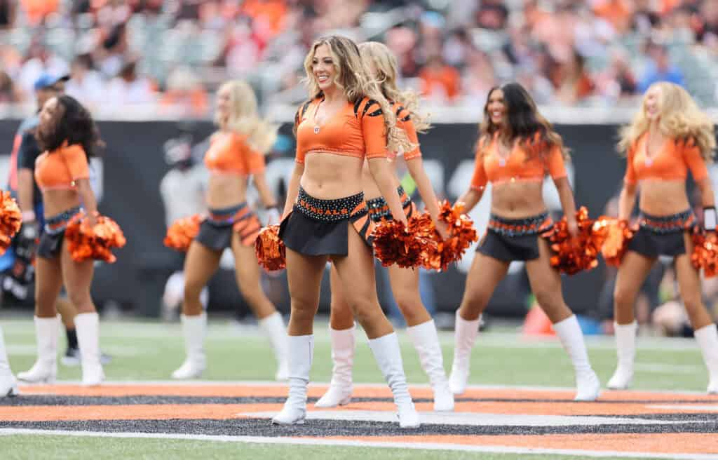 CINCINNATI, OHIO - SEPTEMBER 17: Cincinnati Bengals cheerleaders during the game against the Baltimore Ravens at Paycor Stadium on September 17, 2023 in Cincinnati, Ohio. 