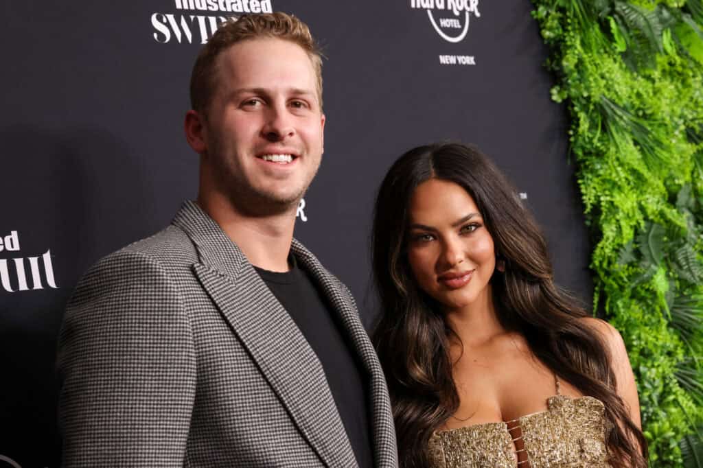 NEW YORK, NEW YORK - MAY 16: Jared Goff and Christen Harper attends the Sports Illustrated Swimsuit 2024 Issue Release and 60th Anniversary Celebration at Hard Rock Hotel New York on May 16, 2024 in New York City. 